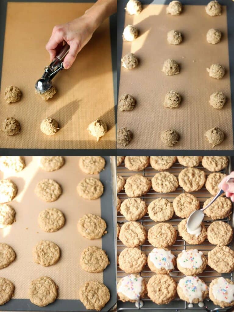 dropping cookies on baking sheet, baked cookies, icing the cookies