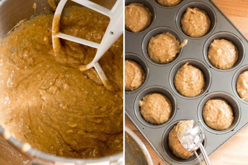 Muffin batter in mixing bowl. Muffin batter being scooped into muffin tin.