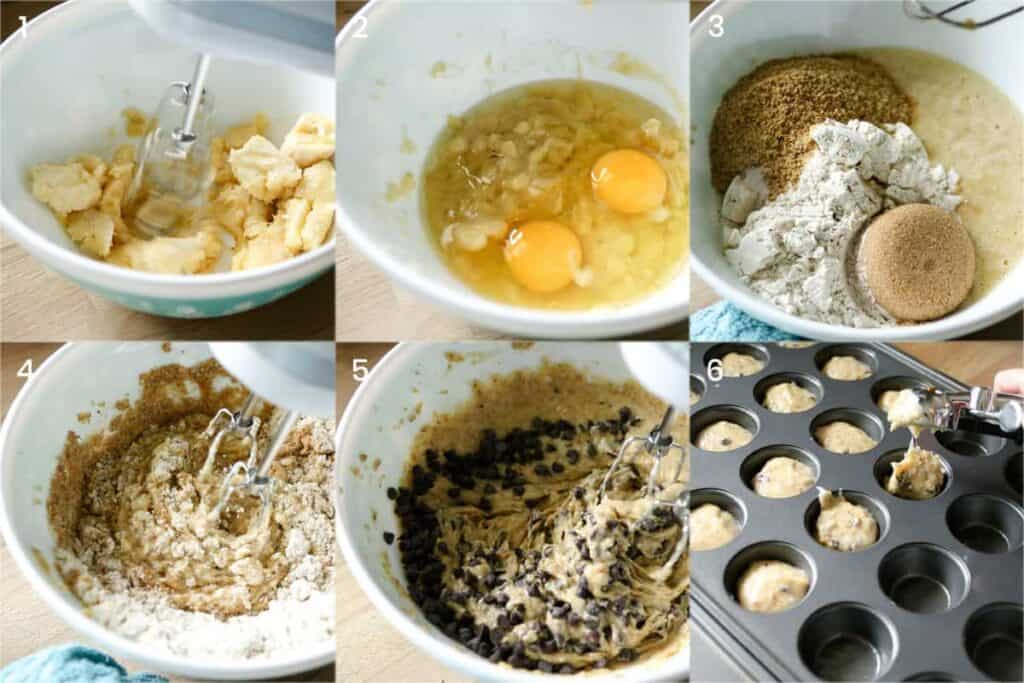 steps to make banana muffins, from mashing the bananas, to mixing in the eggs and wet ingredients, mixing in dry ingredients, mixing in chocolate chips, and filling the mini muffin pan.