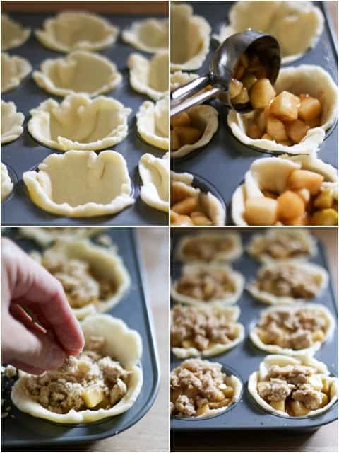 Process of filling apple pie cups in a muffin tin