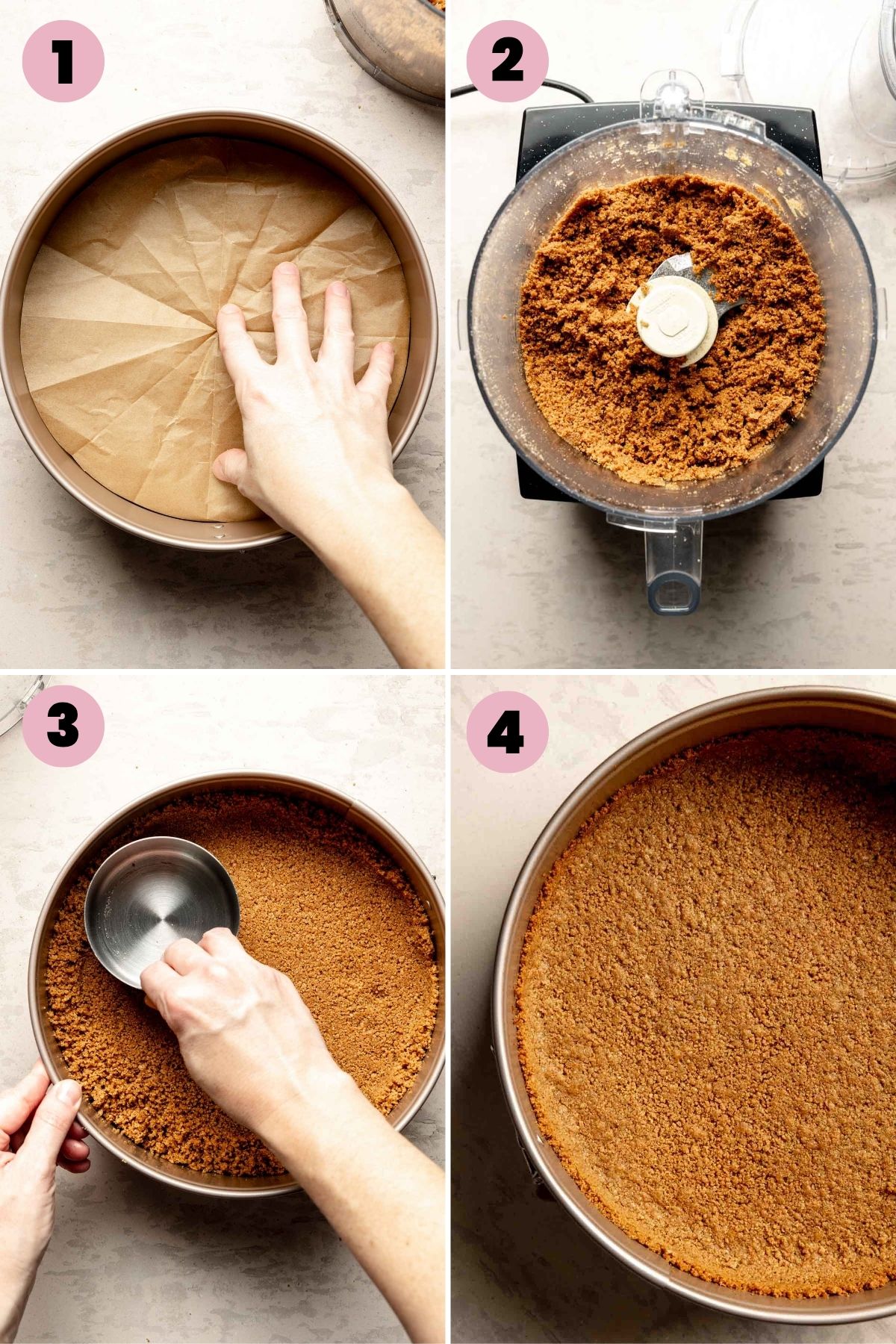Step-by-step making graham cracker crust by lining pan, blending crumbs, pressing mixture, and smoothing crust.