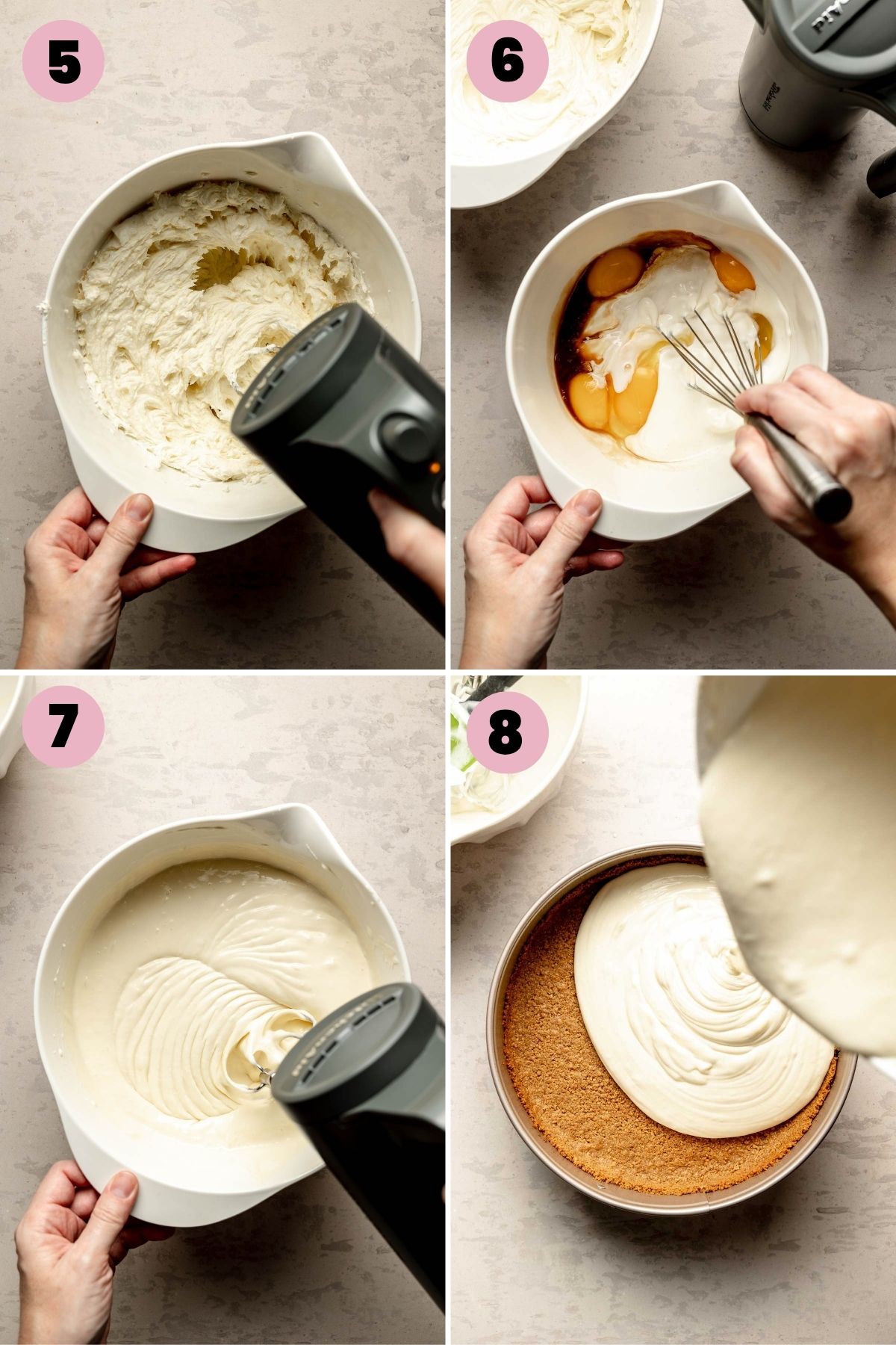 Mixing cheesecake batter by beating cream cheese, adding eggs and vanilla, blending smooth, and pouring onto crust.