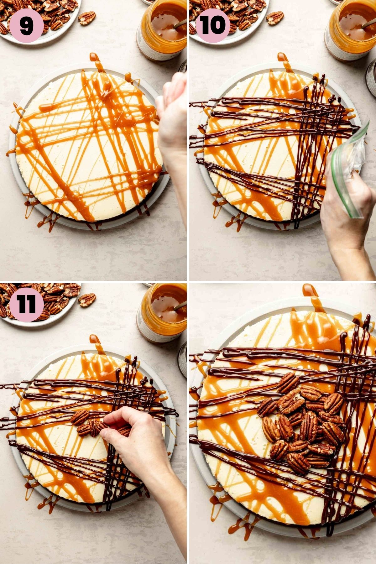 Decorating cheesecake by drizzling caramel and chocolate sauces, then topping with pecans for turtle cheesecake.