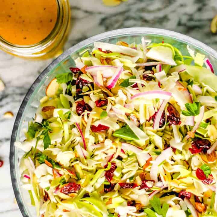 Cranberry Almond Thanksgiving Slaw, apple cider vinaigrette on the side