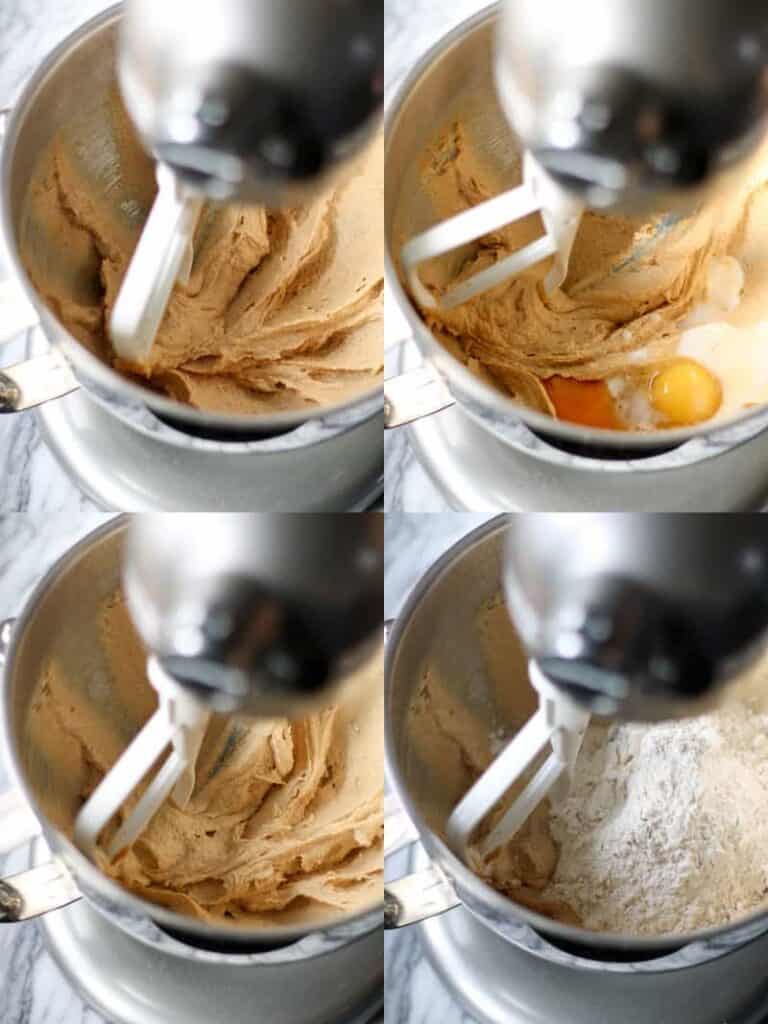 creaming the sugar into the peanut butter, adding the egg, vanilla and milk, and then dry ingredients in a stand mixer.