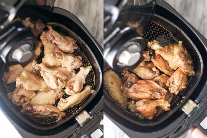 Wings in an air fryer basket before and after cooking