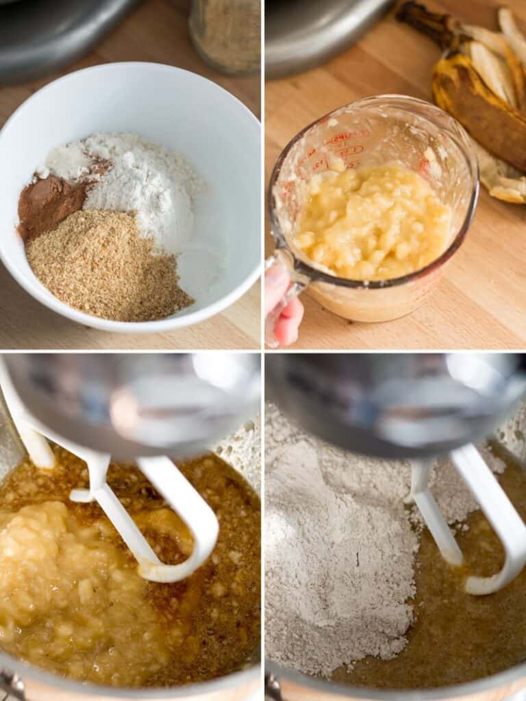 Steps to make whole grain gluten free  banana muffins, dry ingredients in a bowl, mashed banana, and blending all the ingredients together.