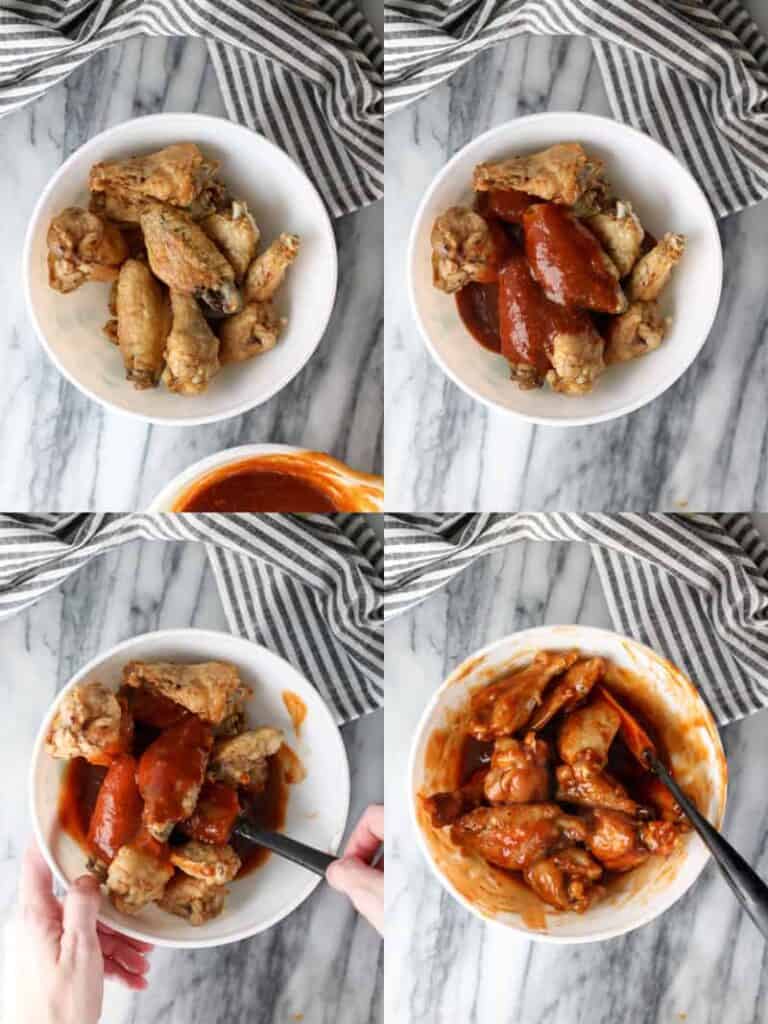 chicken wings in a bowl with barbecue sauce, mixed.