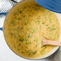 Broccoli Cheese Soup in blue Le Crueset Pan