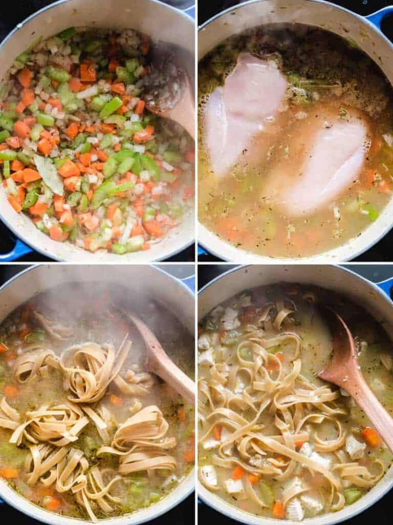 steps to make chicken noodle soup, sautéing vegetables, adding chicken and broth, cooking the noodles in the pot.