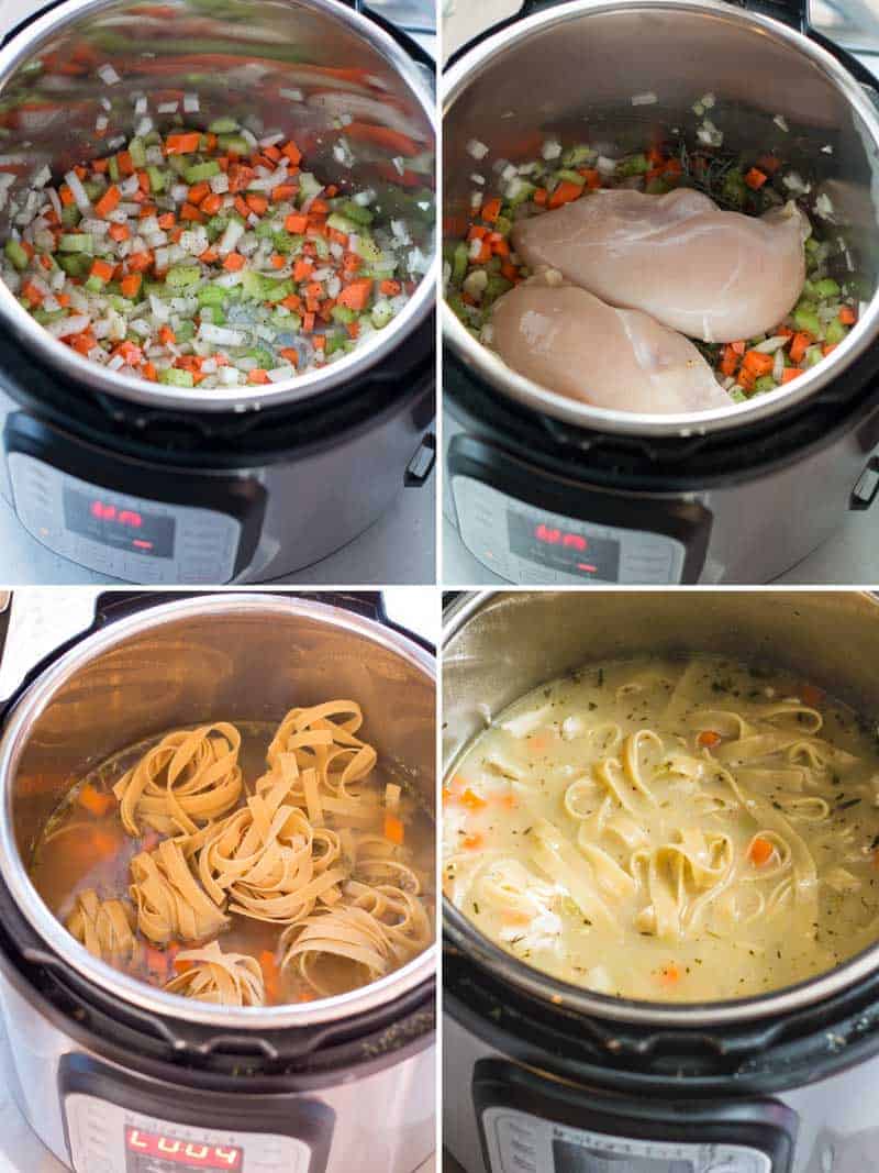 Sautéing vegetables in the instant pot, raw chicken on top, pasta on top of broth, cooked soup in instant pot. 
