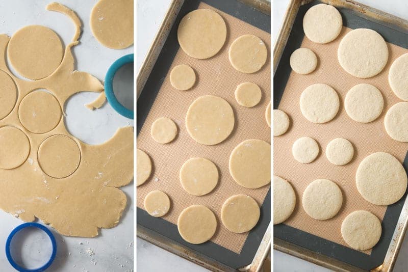 sugar cookies rolled out and cut into shapes, baked on a sheet pan.