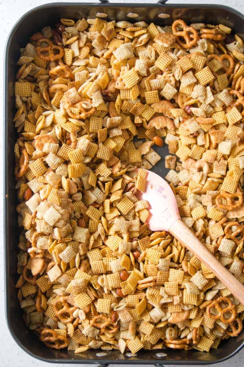 Gluten-free Chex mix in a large roasting pan.