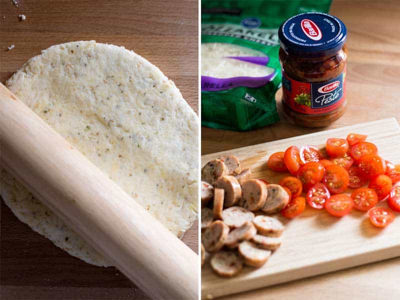 Rolling out pizza dough, assembling the tomatoes, cheese, and pesto.