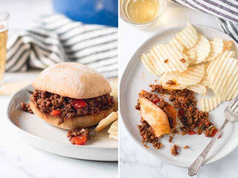 A sloppy Joe on a gluten-free bun and a messy plate with a mostly eaten sloppy Joe with chips on the side.
