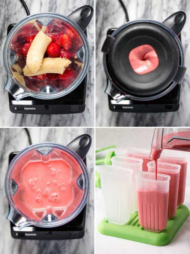 Strawberries and banana in a blender, blended, and then poured into popsicle molds.