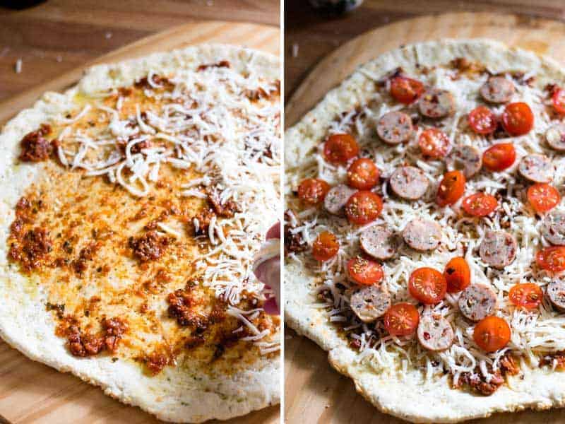 Topping the pizza with sun-dried tomato pesto, mozzarella cheese, sliced grape tomatoes, and sliced Gilbert's Caprese chicken sausage.