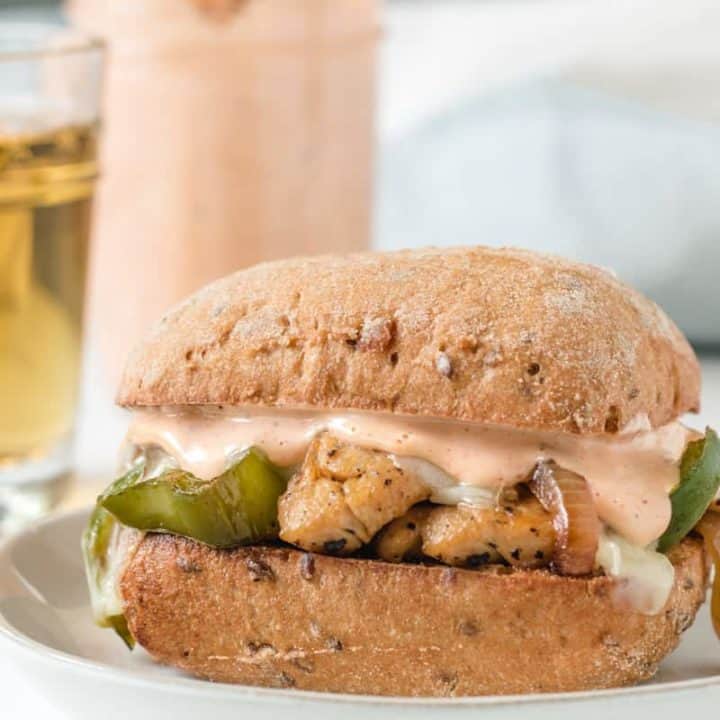 Gluten-free Chipotle Chicken Cheesesteak on Schar Multigrain Ciabbata roll.