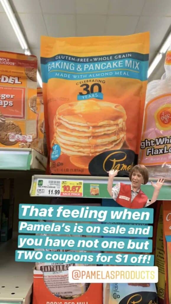 Pamela's Baking and Pancake mix on store shelf, sale price 10.67 before $2 coupon.