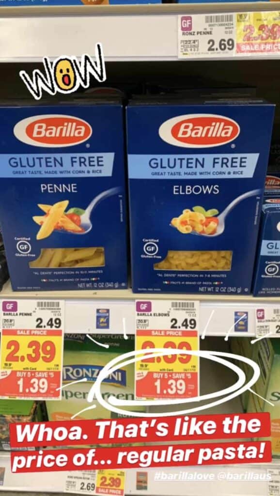 Barilla gluten free pasta on store shelf, on sale for 1.39 each!