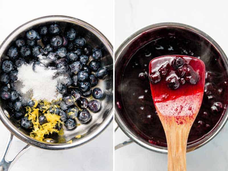 Blueberries, sugar, and lemon juice in a sauce pan, cooked down into blueberry sauce, shown on a wooden spoon.