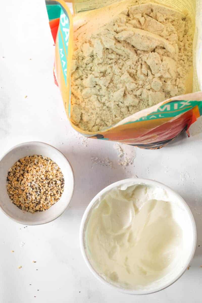 Baking mix, greek yogurt, and everything bagel seasoning.