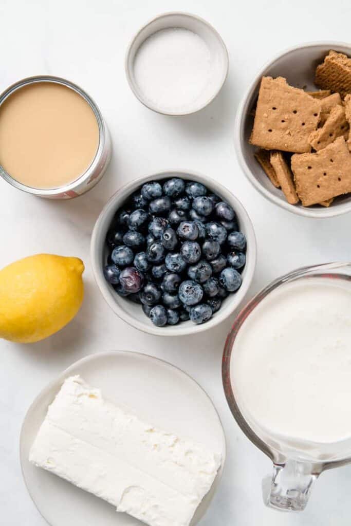 Flat lay of ingredients needed for blueberry cheesecake no churn ice cream.