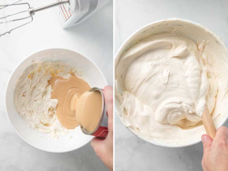 Sweetened condensed milk is poured over softened cream cheese, then the mixture is folded into the whipped cream.