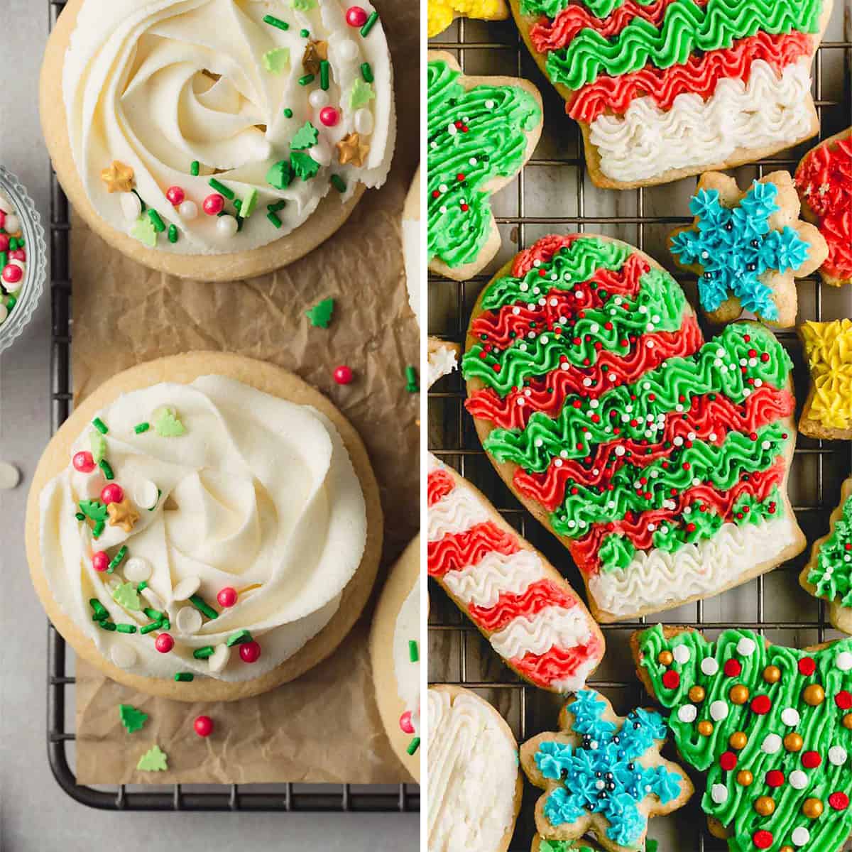 Sugar cookies with frosting piped with a 1M tip versus a small star tip.