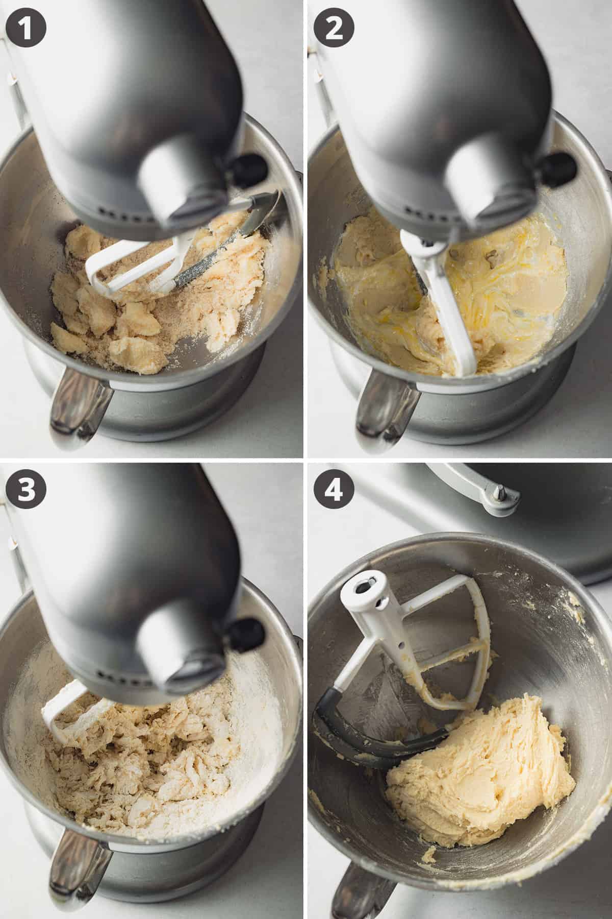 Sugar cookie dough in the bowl of a stand mixer.