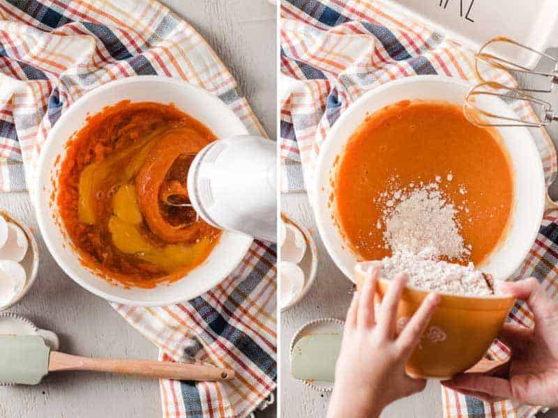 Left: Wet ingredients are mixed with a hand mixer. Right: Dry Ingredients dumped into wet ingredients.