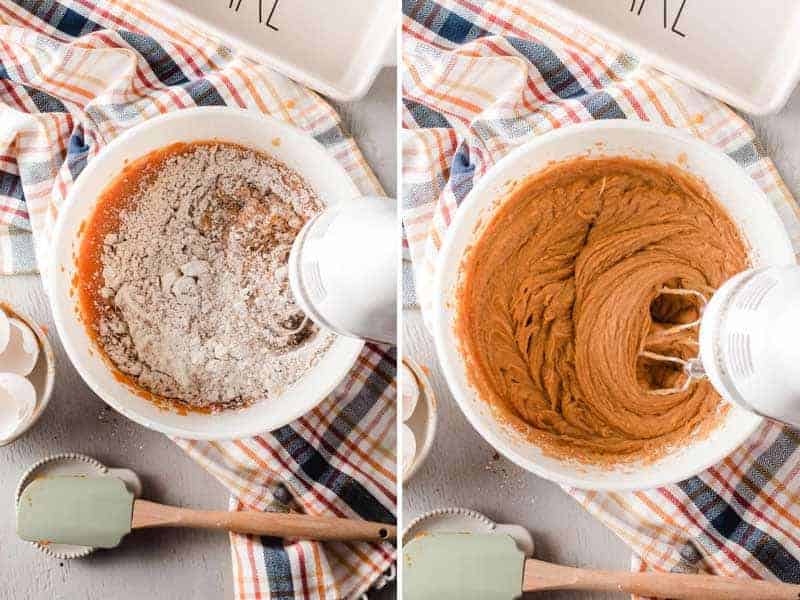 Left: Dry ingredients mixed into wet ingredients. Right: Pumpkin bread batter fully blended together.