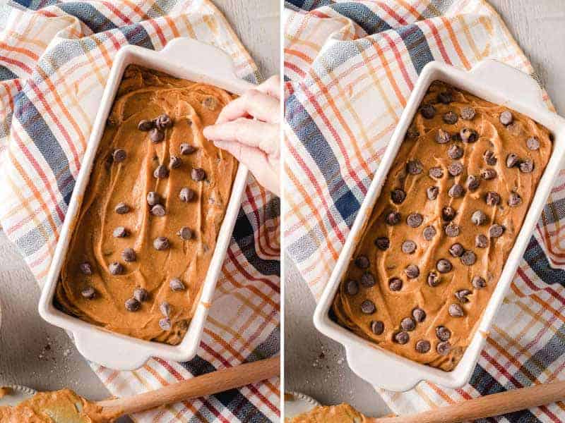 Extra chocolate chips sprinkled on top of the batter in loaf pan.