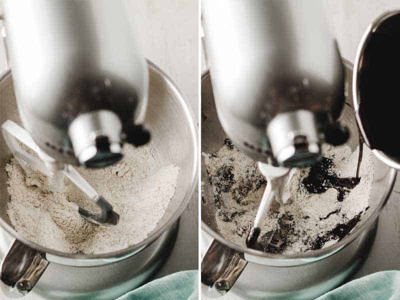 Left: Dry ingredients in mixer bowl.  Right: Cocoa mixture drizzled into dry ingredients.