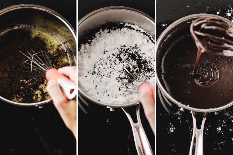 Making chocolate icing by whisking butter, cocoa, and powdered sugar in pan.  Icing dripping from whisk.