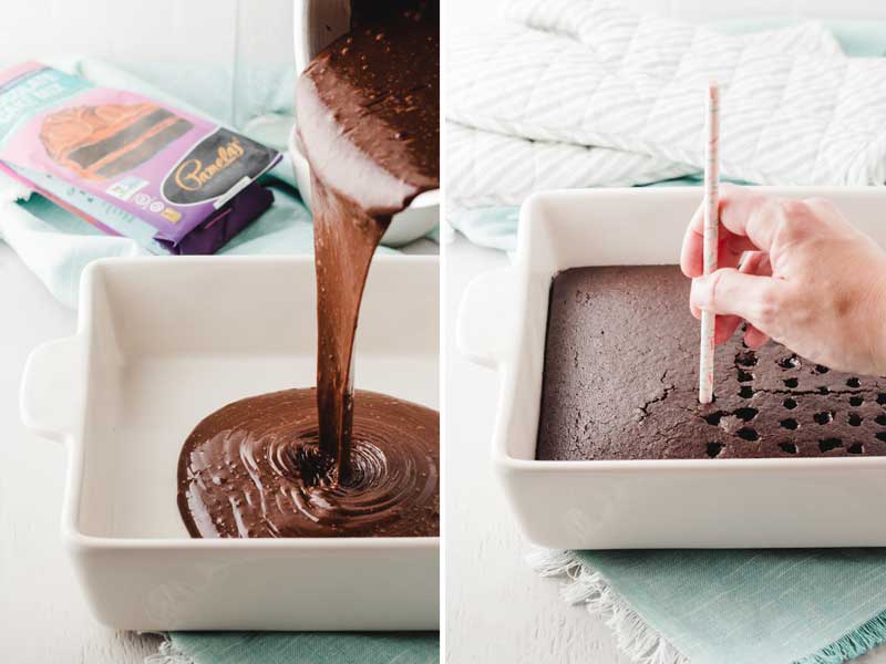 Pouring chocolate cake batter into pan; poking holes in a baked chocolate cake.