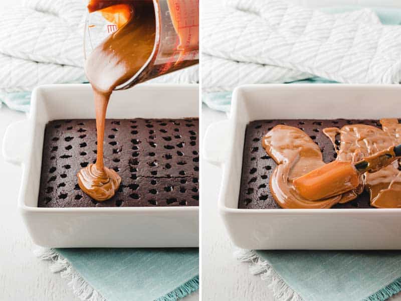 Pouring warmed dulce de leche over chocolate cake with holes poked in it.  Spreading the dulce de leche in even layer.