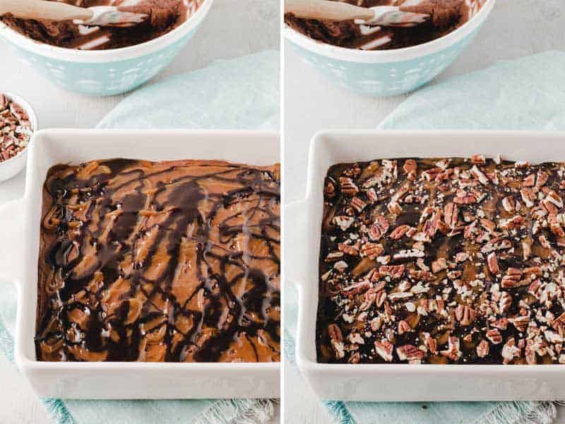 Caramel and chocolate sauce drizzled over cake; sprinkled with pecans.