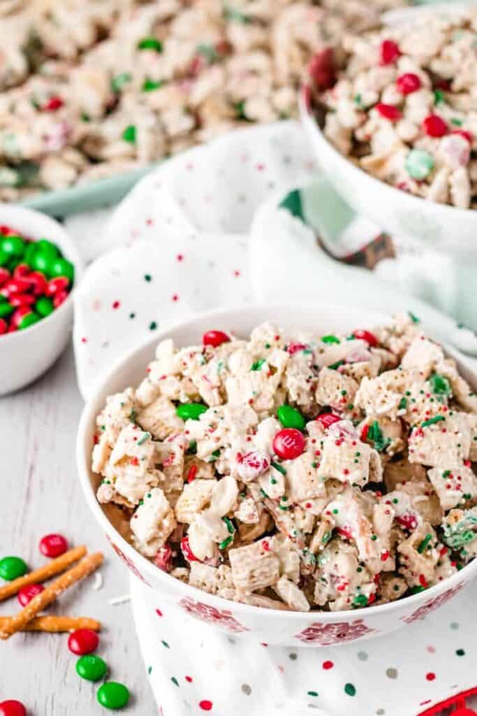 Christmas Crunch Chex Mix with red and green m&m's.