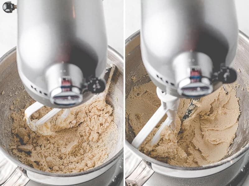 Thumbprint cookie dough in a mixer, left the mixture is dry and shaggy, on the right the dough has hydrated and come together.