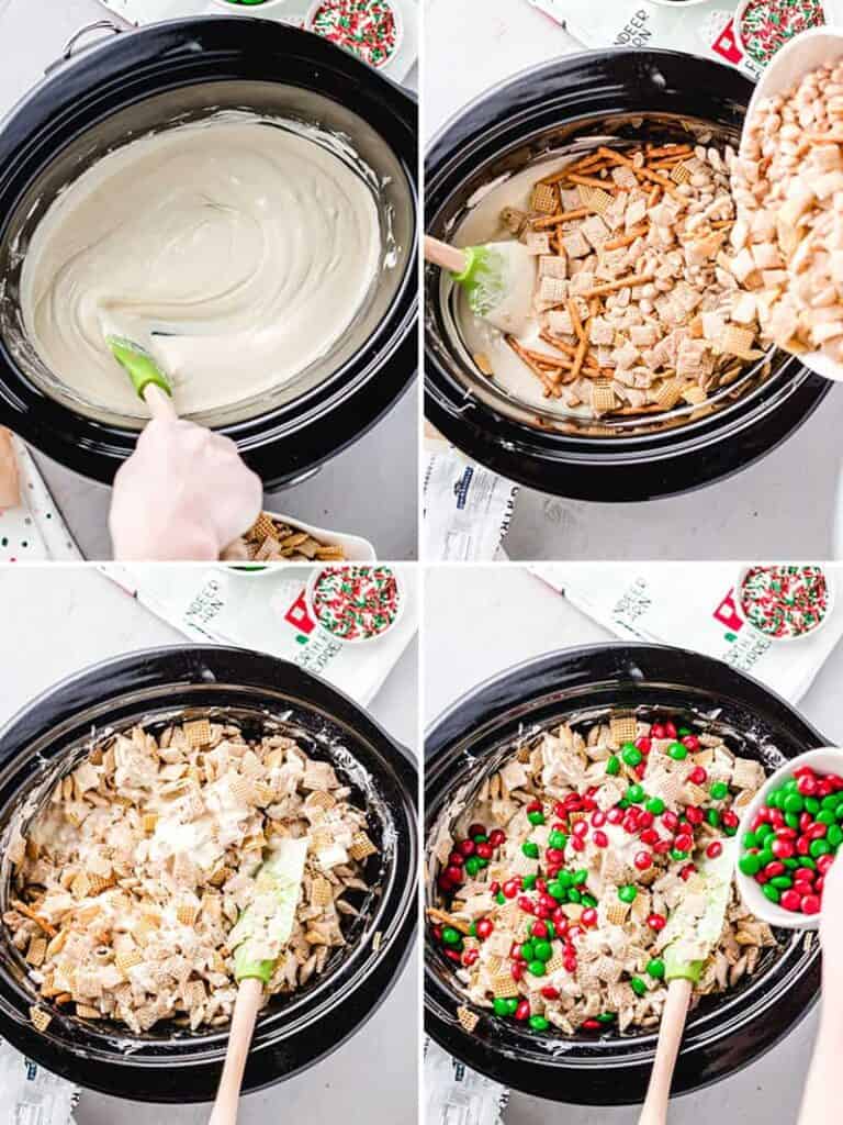 Melted white chocolate in crockpot, pouring in and stirring the pretzels, nuts, and cereal.