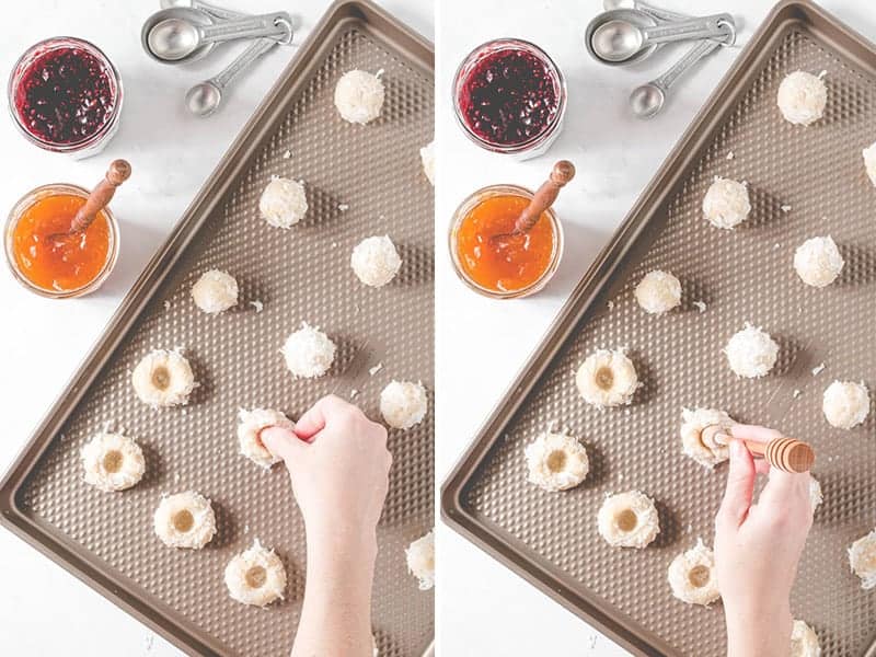 Making indentations in the cookies with thumb or the end of a honey dripper.