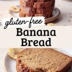 Sliced banana bread in stack, one slice with bite taken.