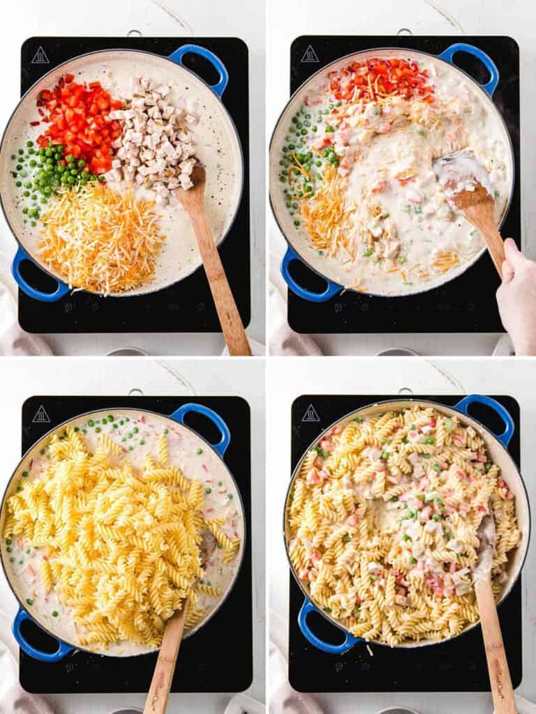 A picture collage showing the remaining vegetables and cheese on top, then stirred in, then the cooked noodles on top and then stirred in.