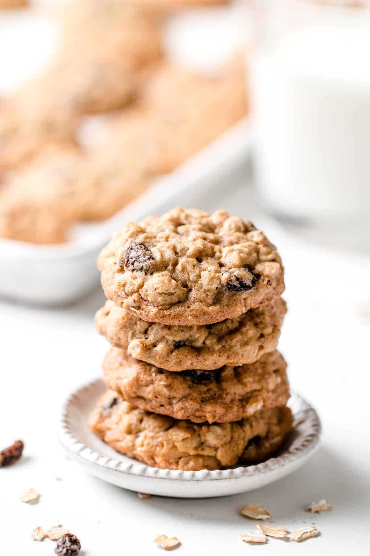 A stack of cookies on a small appetizer plate.
