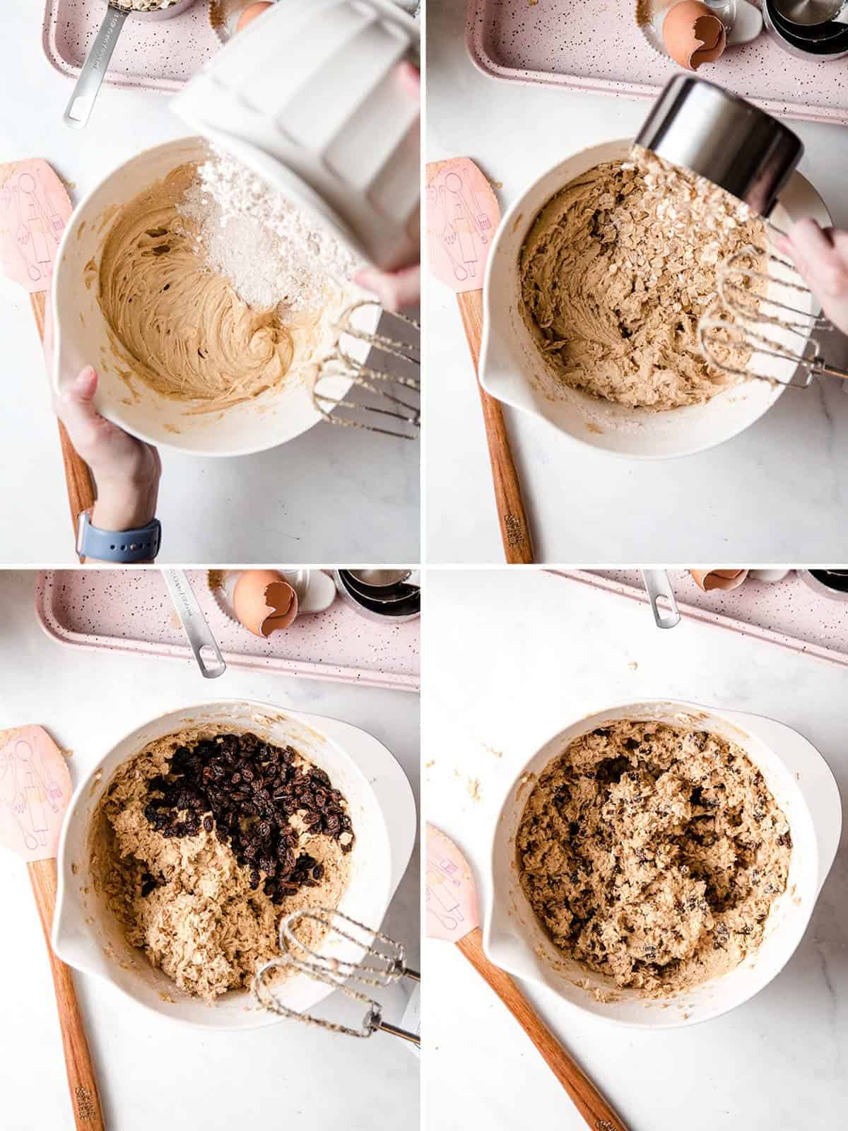 Images showing the mixing process to  make the cookies. First the creamed mixture and adding flour, second adding in the oats, third adding in the raisins, final the mixed dough.