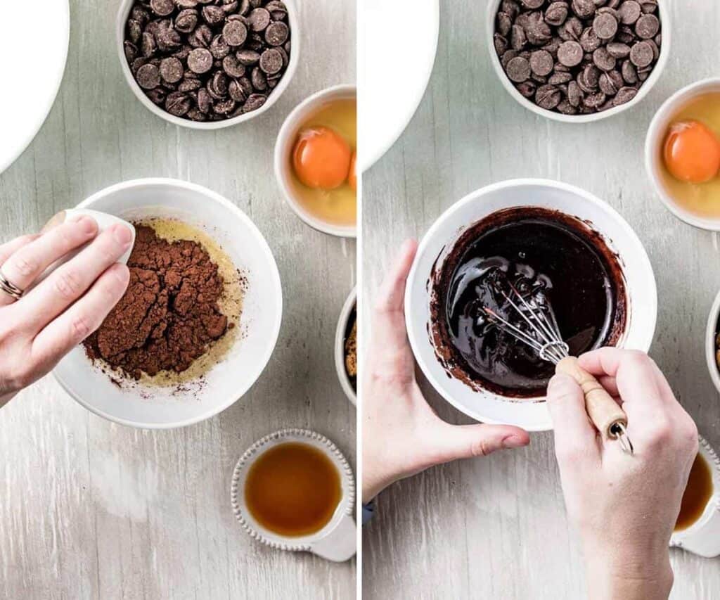Pouring the cocoa powder into the melted butter and whisking until dissolved.