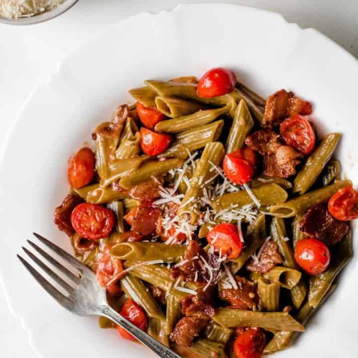 BLT veggie pasta made with ancient harvest veggie pasta, bacon, and tomatoes.