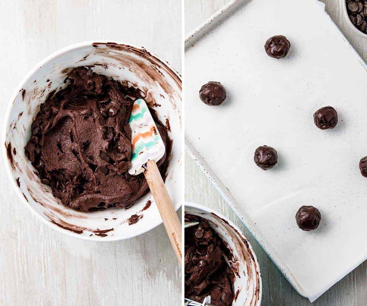 The cookie dough in a bowl and some cookie dough rolled into balls on a parchment lined sheet pan.
