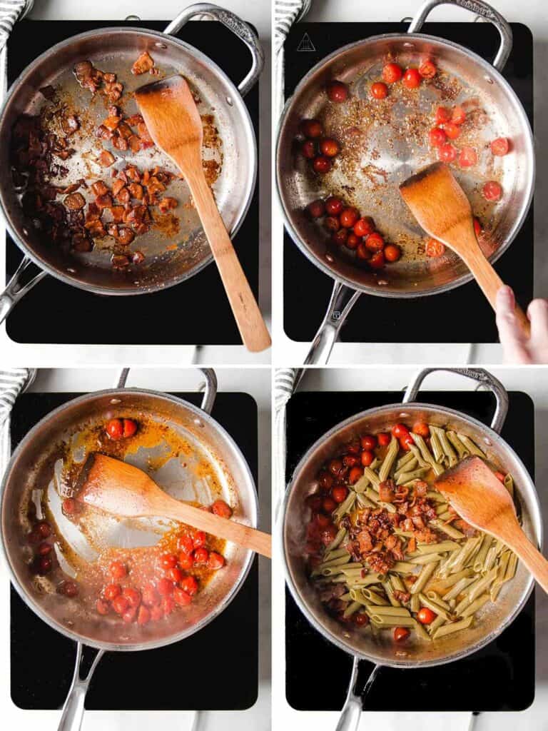 A collage showing the steps to make the pasta: cooked bacon, sautéing tomatoes in bacon fat, deglazing the pan, and stirring the ingredients together.